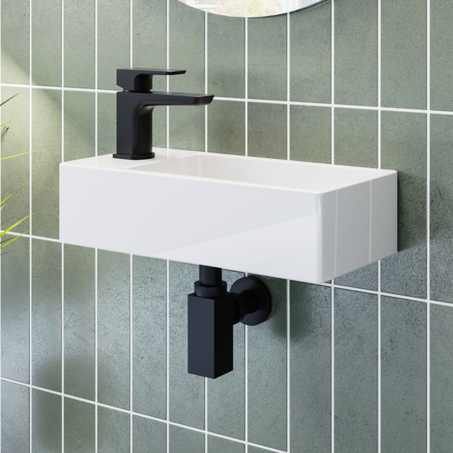 Detroit Wall Hung Basin With Matt Black Bottle Trap & Basin Mixer With Waste - Zana