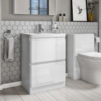 600mm White Gloss Floorstanding Vanity Basin Unit with 2 Drawers - Portland