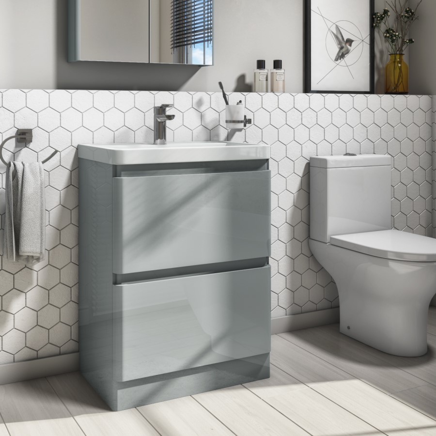 600mm Light Grey Freestanding Vanity Unit with Basin - Portland