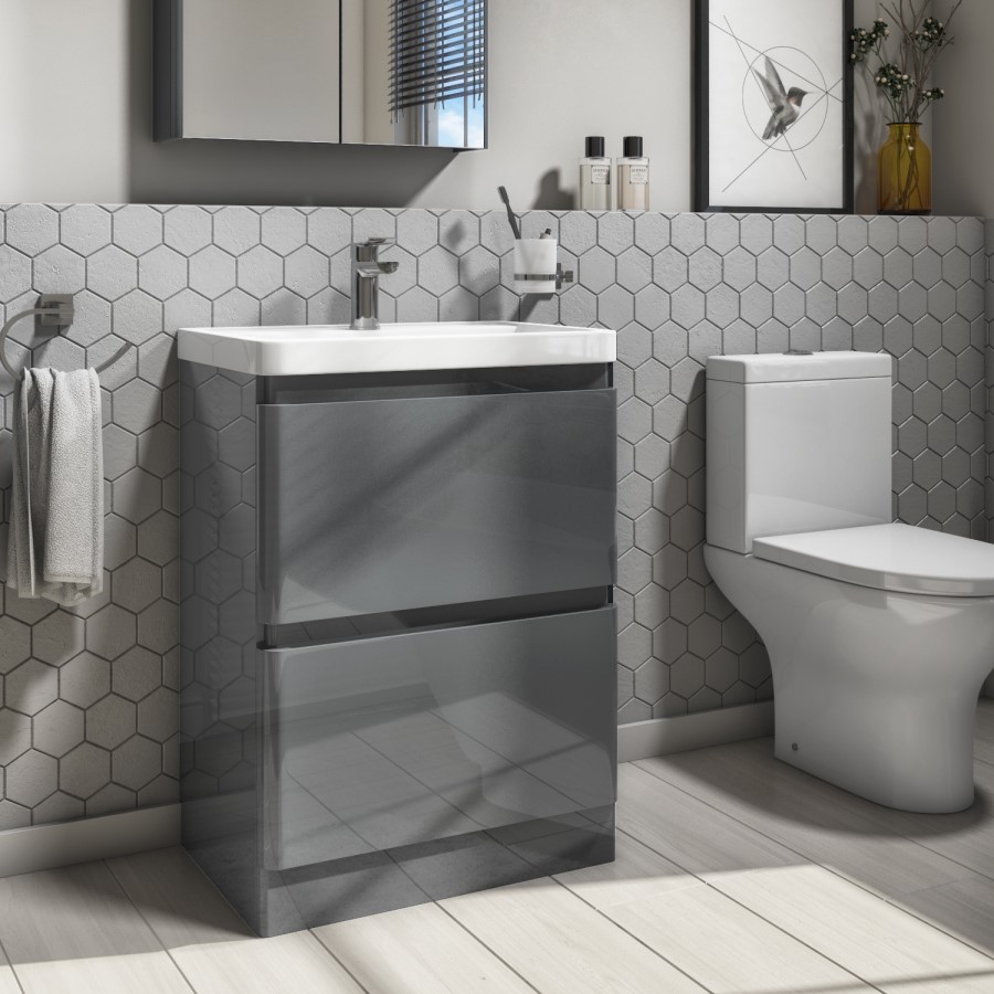 600mm Dark Grey Freestanding Vanity Unit with Basin - Portland