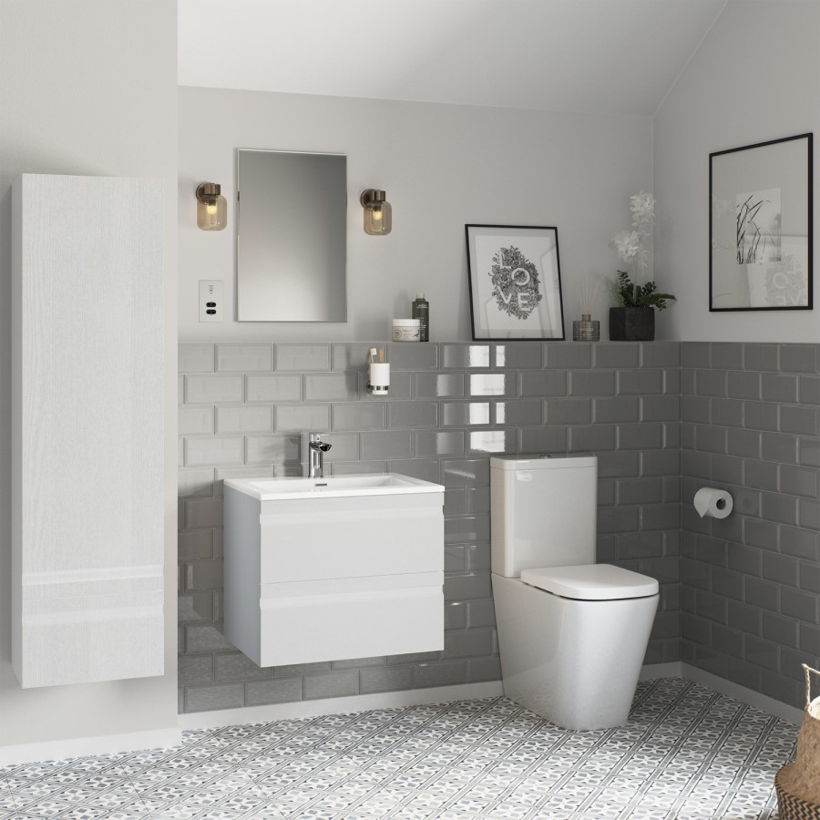 600mm White Wood Effect Wall Hung Vanity Unit with Basin - Boston