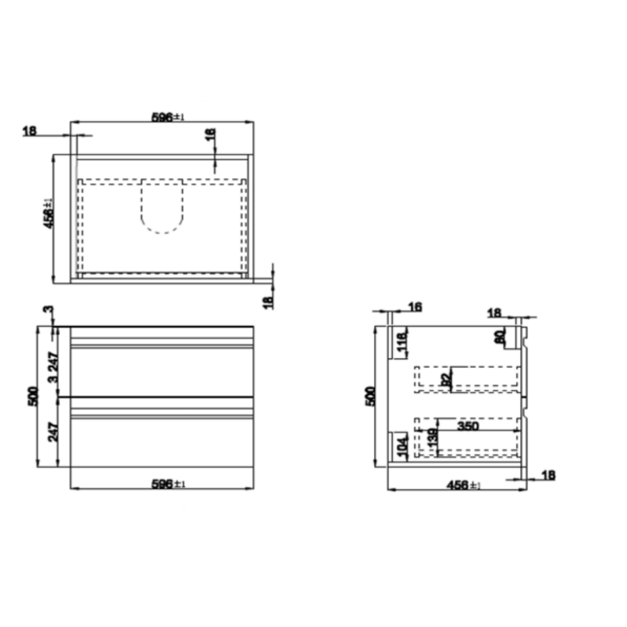 600mm Wall Hung 2 Drawer Vanity Unit White - Boston