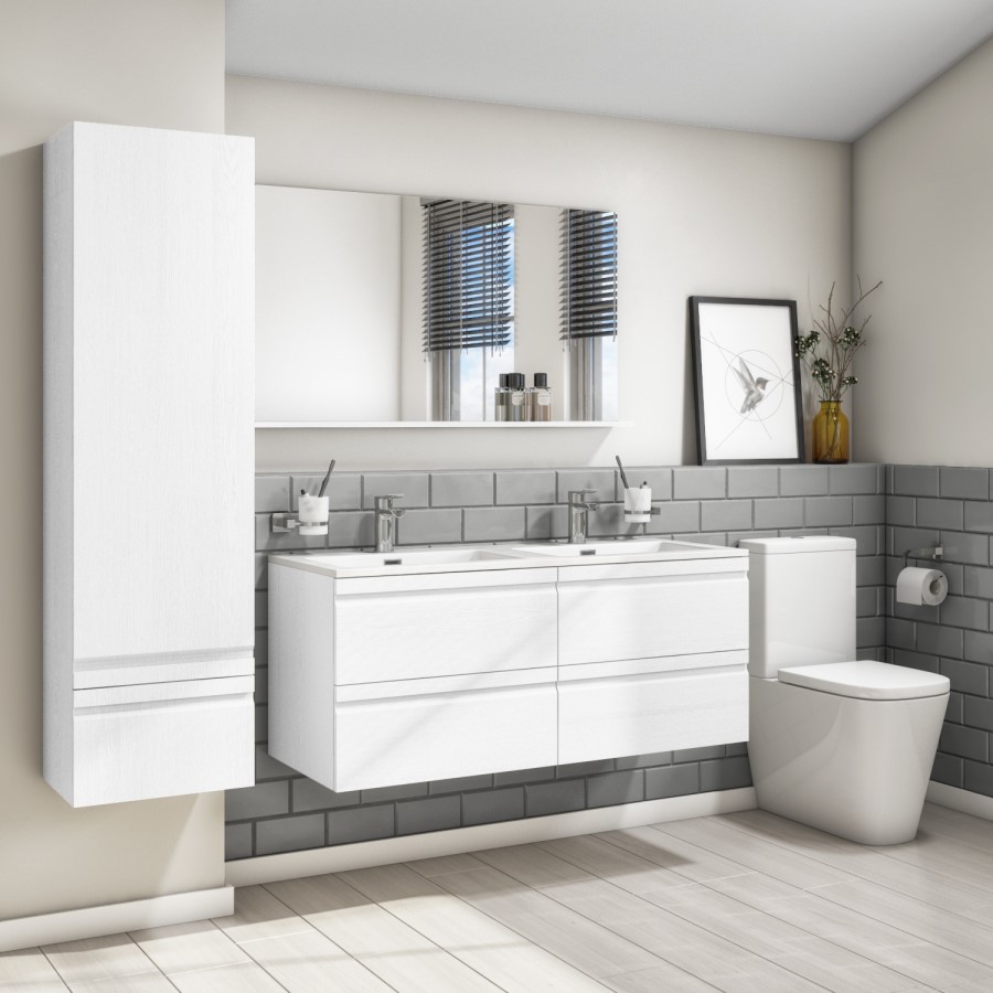 1200mm White Wood Effect Wall Hung Double Vanity Unit with Basin - Boston