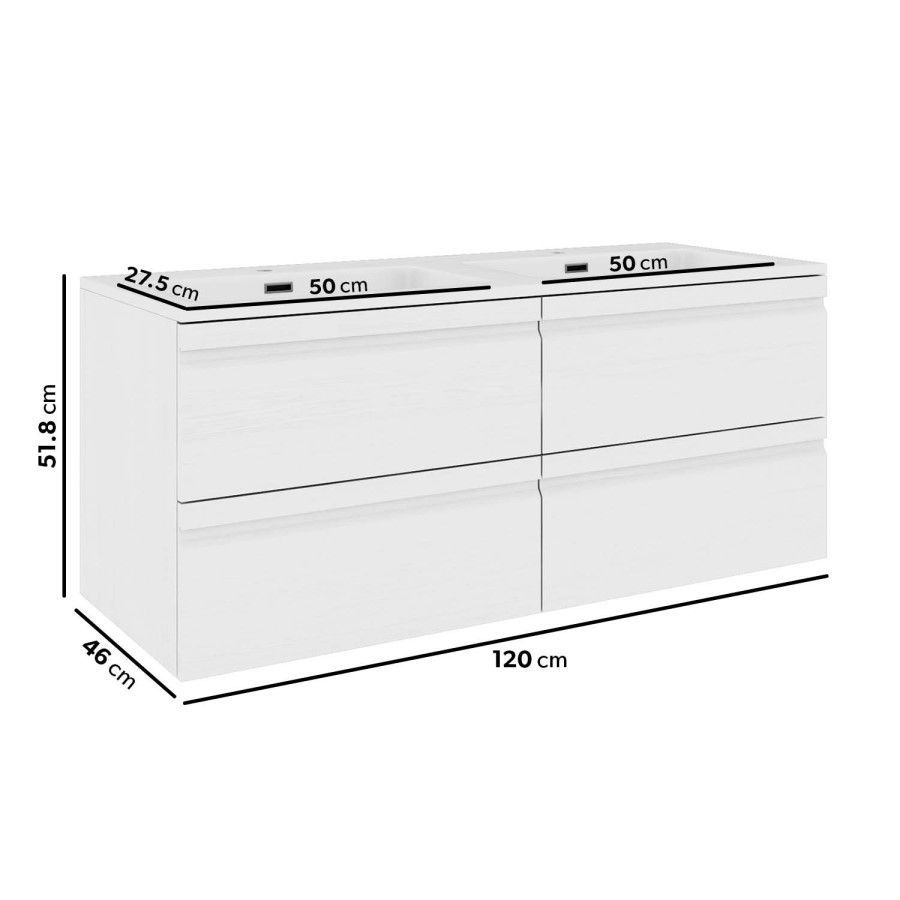 1200mm White Wood Effect Wall Hung Double Vanity Unit with Basin - Boston