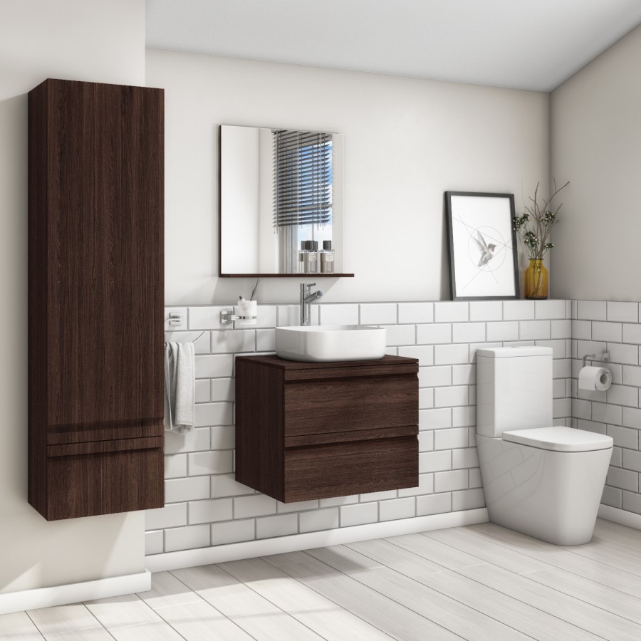 600mm Dark Wood Effect Wall Hung Countertop Vanity Unit with Basin - Boston