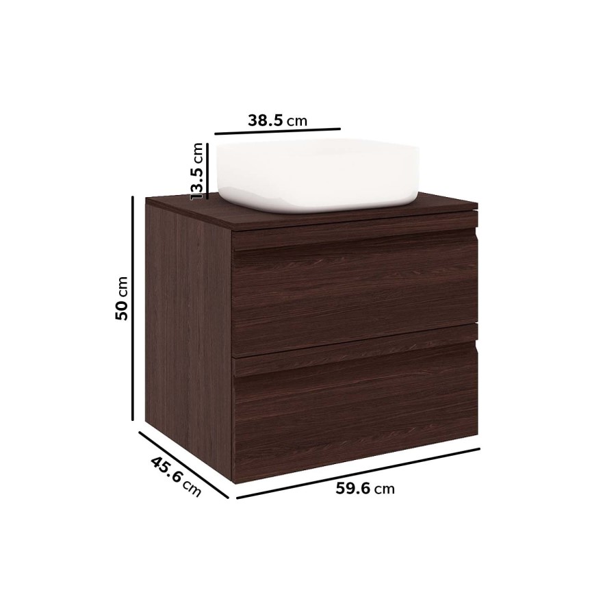 600mm Dark Wood Effect Wall Hung Countertop Vanity Unit with Basin - Boston