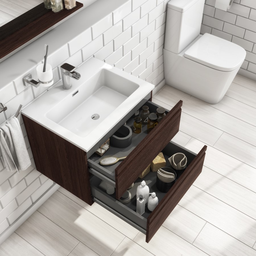 600mm Dark Wood Effect Wall Hung Vanity Unit with Basin - Boston