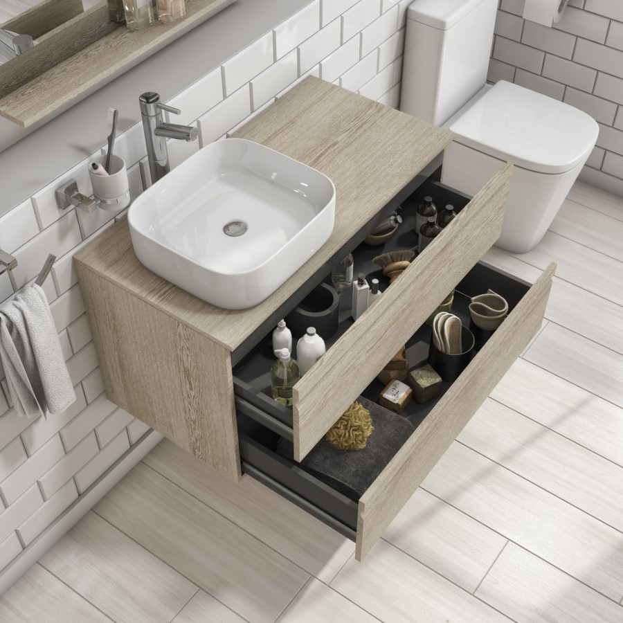 900mm Light Wood Effect Wall Hung Countertop Vanity Unit with Basin - Boston