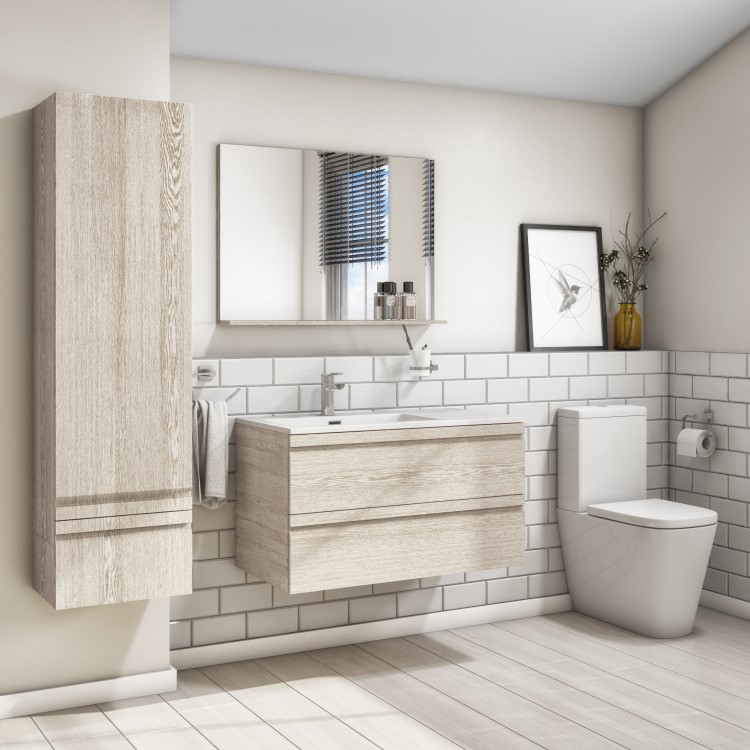 900mm Light Wood Effect Wall Hung Vanity Unit with Basin - Boston