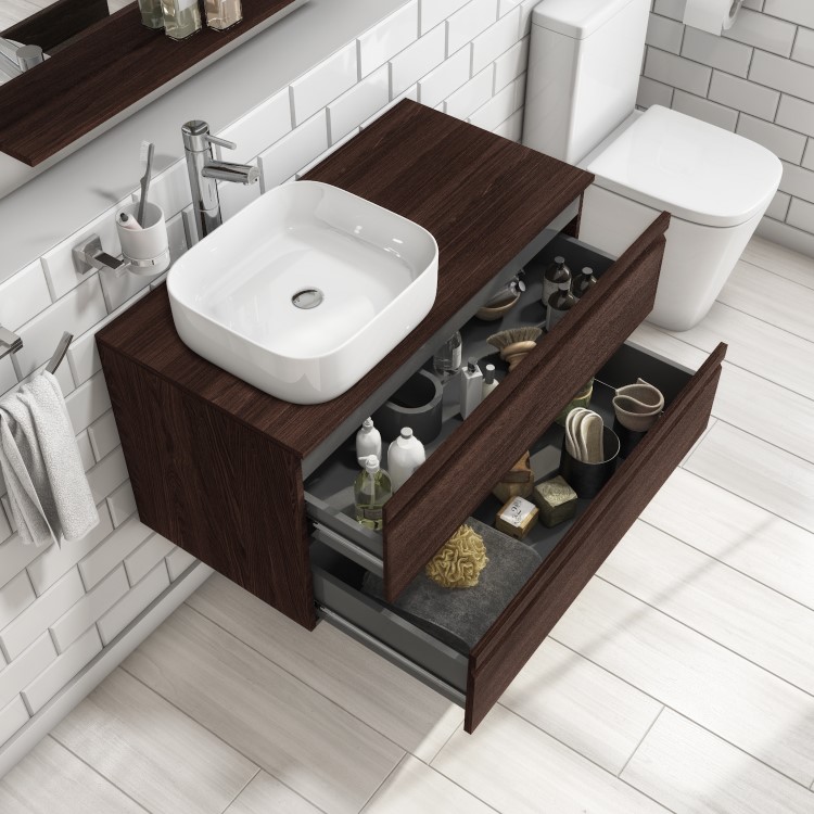 900mm Dark Wood Effect Wall Hung Countertop Vanity Unit with Basin - Boston