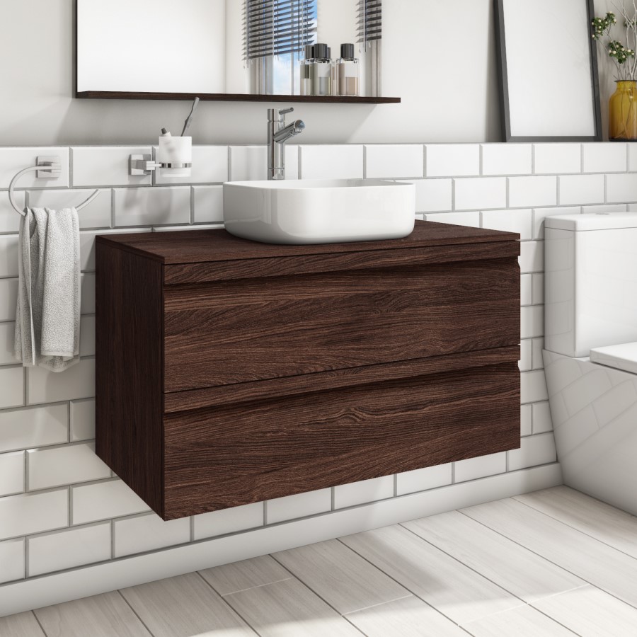 900mm Wall Hung 2 Drawer Vanity Unit Dark Oak - Boston