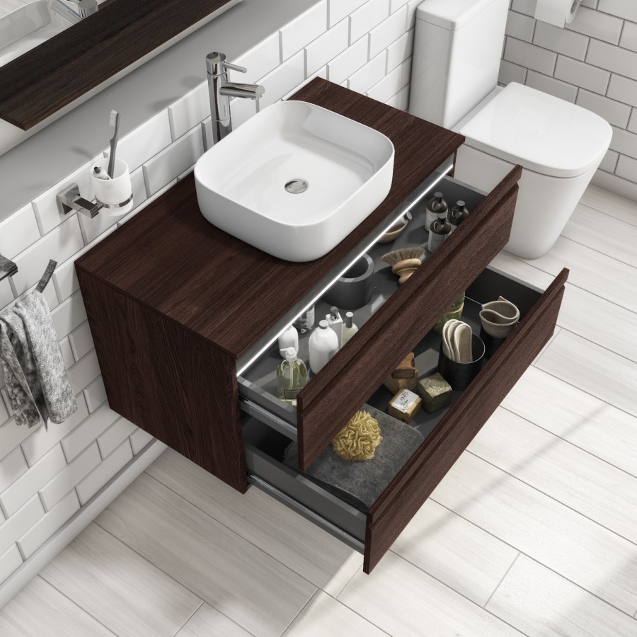 900mm Wall Hung 2 Drawer Vanity Unit Dark Oak - Boston