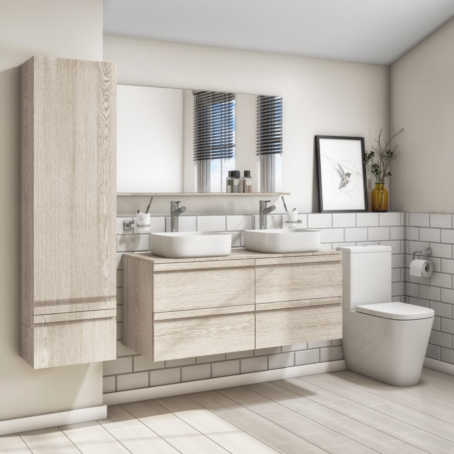 1200mm Light Wood Effect Wall Hung Countertop Double Vanity Unit with Basins - Boston