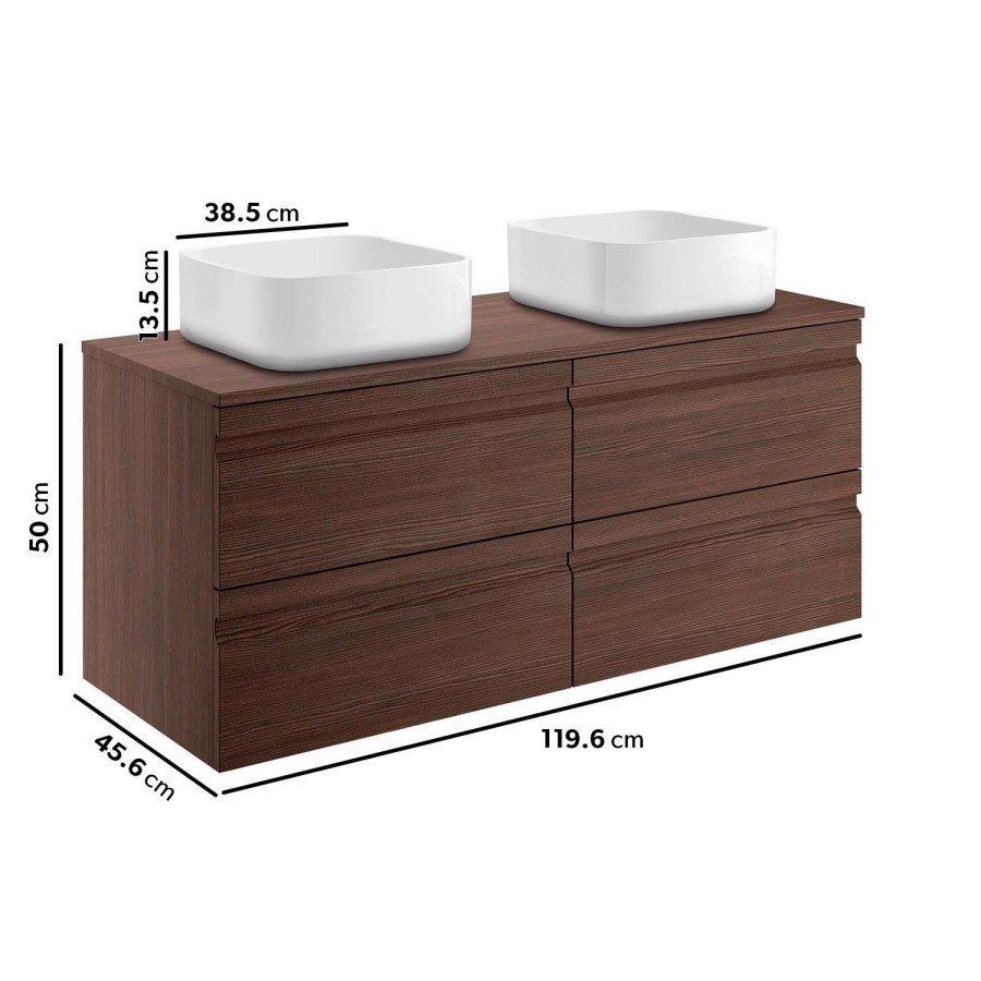 1200mm Dark Wood Effect Wall Hung Countertop Double Vanity Unit with Basins - Boston