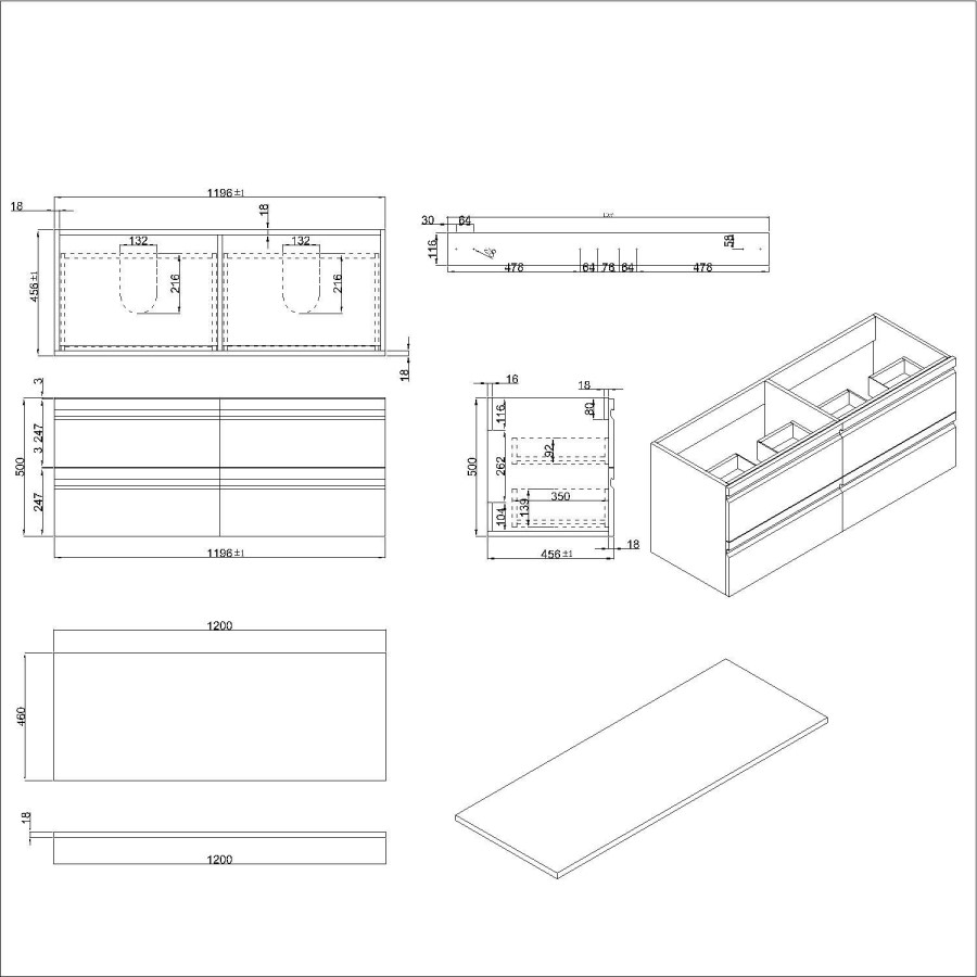 1200mm Dark Wood Effect Wall Hung Countertop Double Vanity Unit with Basins - Boston