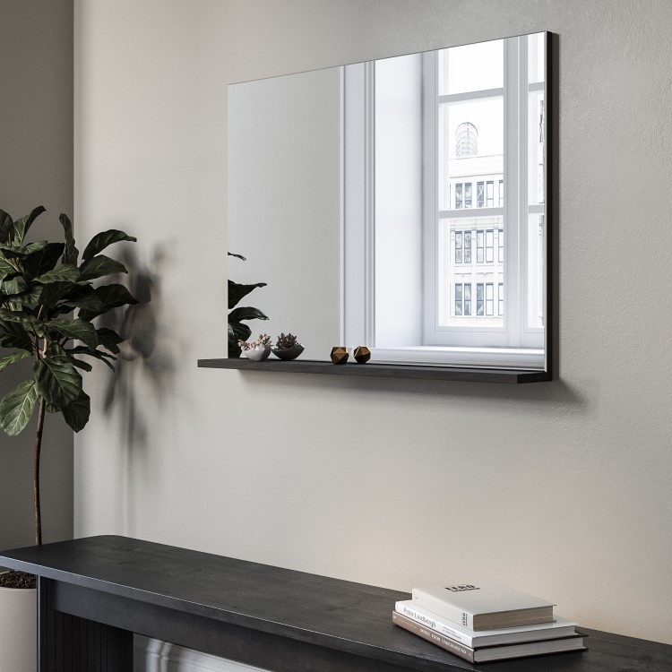 Rectangular Dark Oak Mirror With Shelf 65 x 90cm - Boston