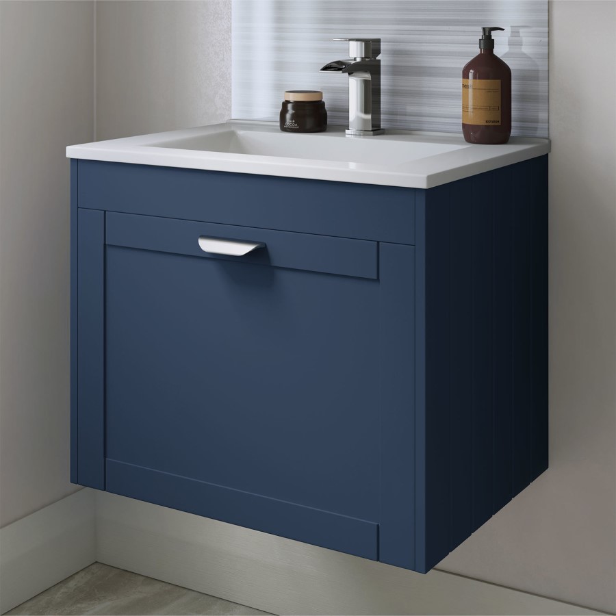 600mm Wall Hung Single Drawer Vanity Unit with Basin Indigo Blue - Nottingham