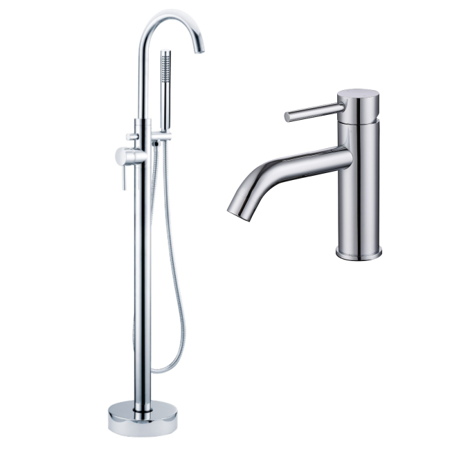 Grade A1 - Chrome Freestanding Bath Shower Mixer and Basin Tap Set - Arissa