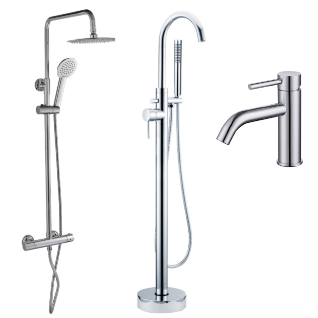 Chrome Mixer Shower with Freestanding Bath and Basin Tap Set - Arissa