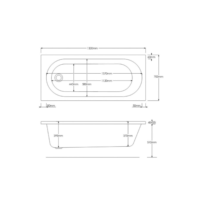 Single Ended Shower Bath with Front Panel and Hinged Black Bath Screen 1500 x 700mm - Alton