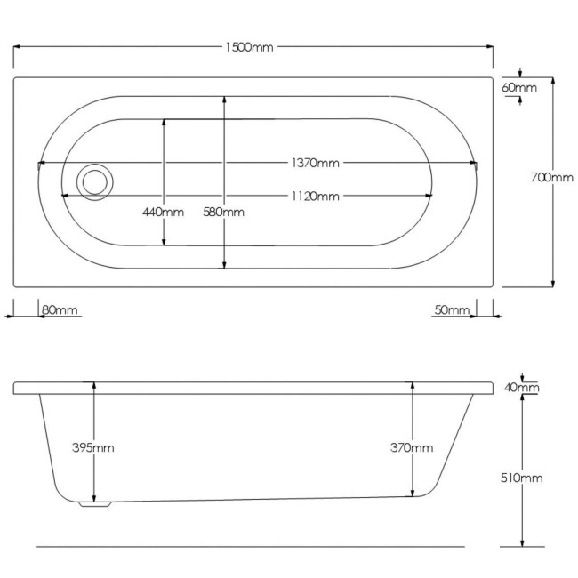 Single Ended Shower Bath with Front Panel & Brushed Brass Screen 1500 x 700mm - Alton