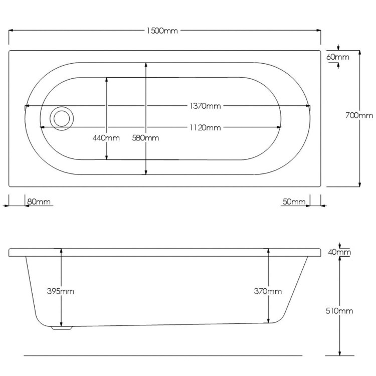 Single Ended Shower Bath with Front Panel & Brushed Brass Screen 1500 x 700mm - Alton