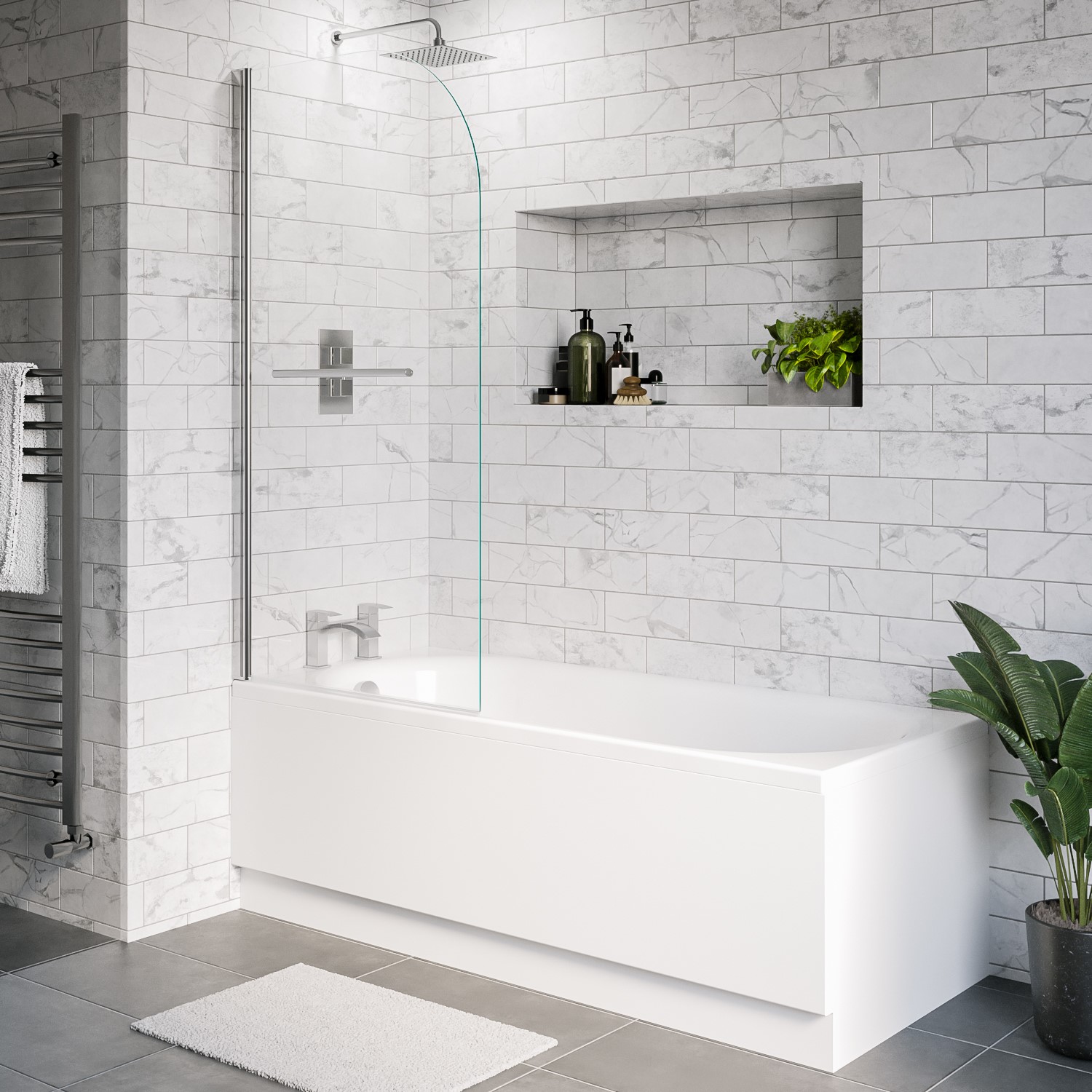 1600 x 700 Alton Single Ended Round Bath with Saturn Hinged 1450mm 6mm Chrome Bath Screen with Towel Rail