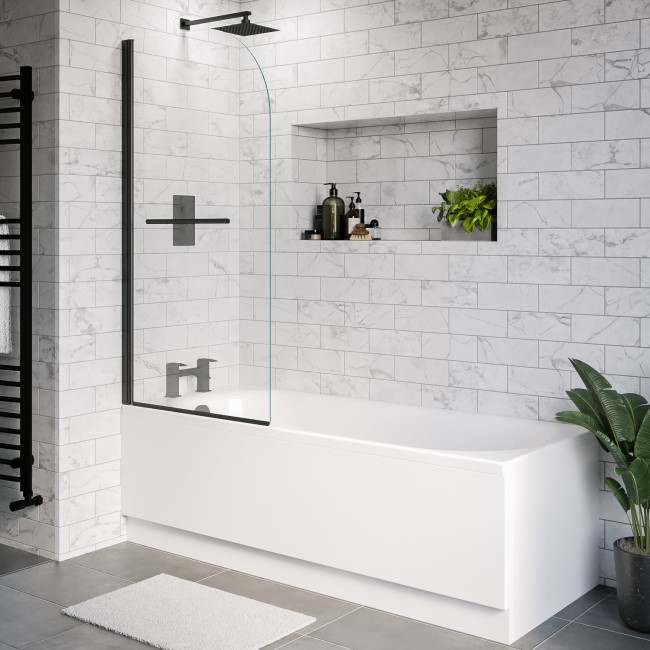Single Ended Shower Bath with Front Panel & Black Bath Screen with Towel Rail 1600 x 700mm - Alton
