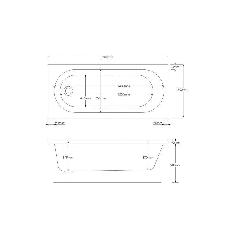 1600 x 700 Alton Single Ended Round Bath with Front Panel & Black Grid Screen - Right Hand