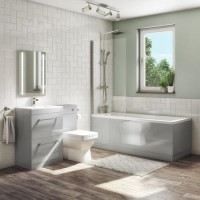 1700mm Straight Bath Suite with Toilet & Basin Vanity Combination Unit  Front Panel - Grey - Ashford