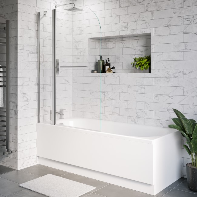 Single Ended Shower Bath with Front Panel & Hinged Chrome Bath Screen with Towel Rail 1700 x 700mm - Alton