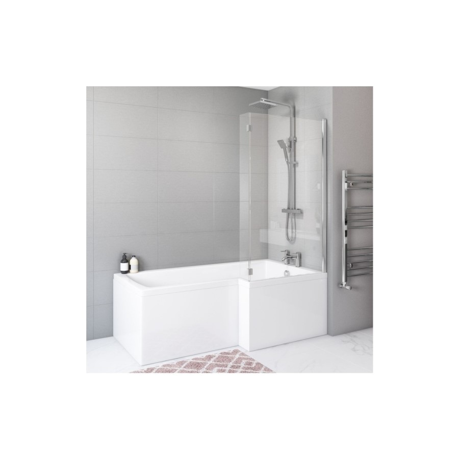 Grade A2 - J Shape Shower Bath Right Hand with Front Panel & Chrome Bath Screen  with Towel Rail 1700 x 750mm - Jersey