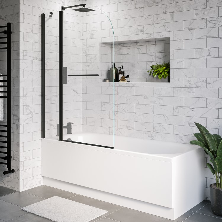 Single Ended Shower Bath with Front Panel & Hinged Black Bath Screen with Towel Rail 1700 x 700mm - Alton