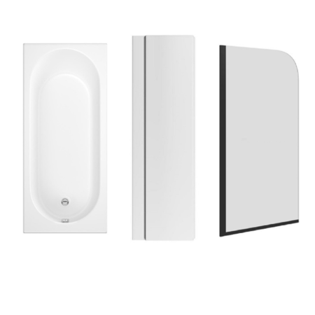 Single Ended Round Bath 1700 x 750mm with Front Panel and 1450mm Hinged Black Bath Screen - Alton
