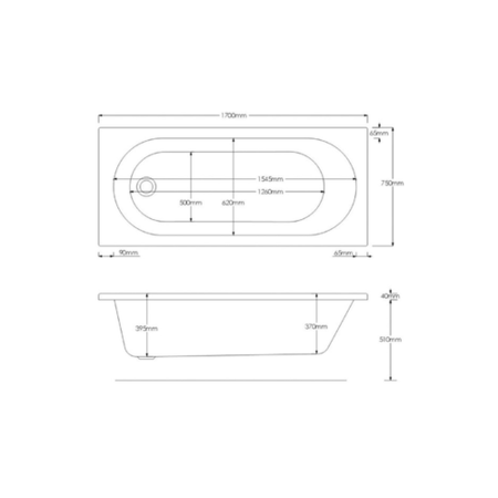 Single Ended Round Bath 1700 x 750mm with Front Panel and 1450mm Hinged Black Bath Screen - Alton