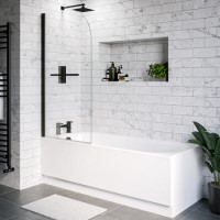 Single Ended Shower Bath with Front Panel & Black Bath Screen with Towel Rail 1800 x 700mm - Alton