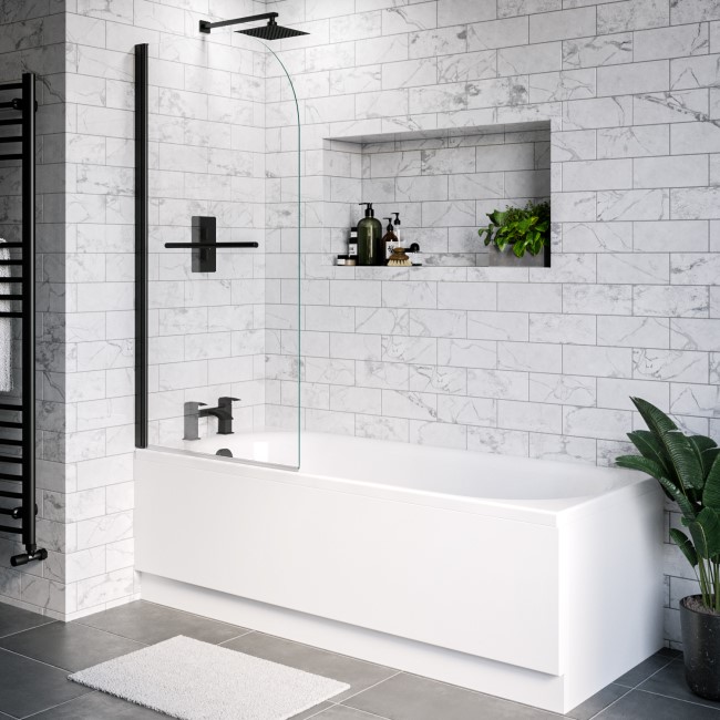 Single Ended Shower Bath with Front Panel & Black Bath Screen with Towel Rail 1800 x 700mm - Alton