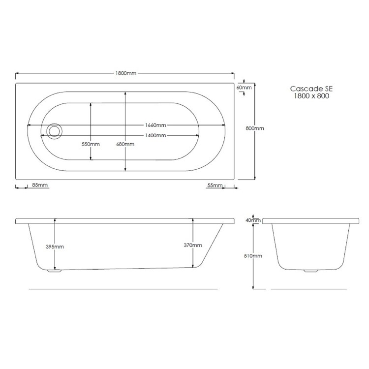 Single Ended Shower Bath with Front Panel & Right Hand Black Grid Bath Screen 1800 x 800mm - Alton