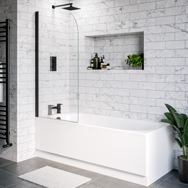 Single Ended Round Bath 1800 x 800mm with Front Panel and 1450mm Hinged Black Bath Screen - Alton