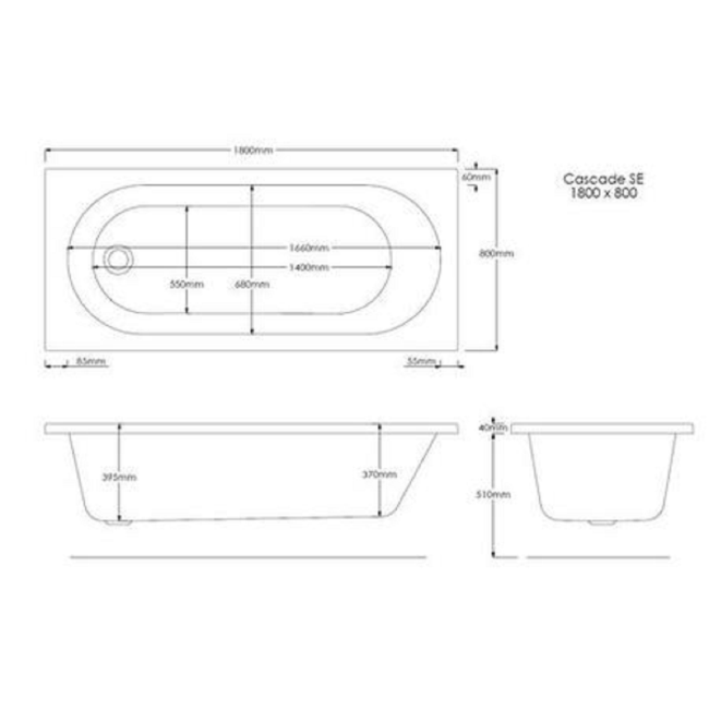 Single Ended Round Bath 1800 x 800mm with Front Panel and 1450mm Hinged Black Bath Screen - Alton