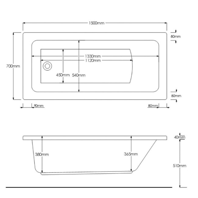 Single Ended Shower Bath with Front Panel & Black Framed Bath Screen 1500 x 700mm - Rutland