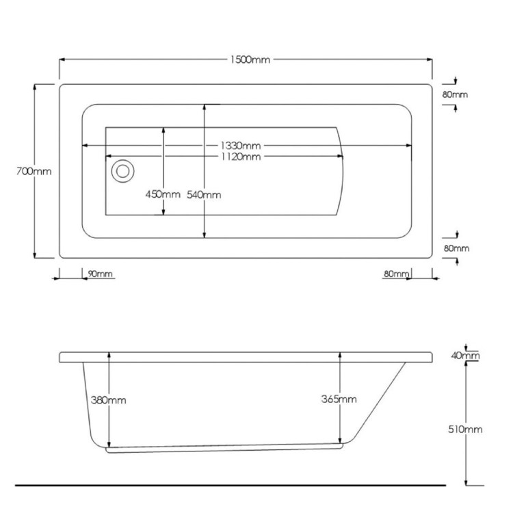 Single Ended Shower Bath with Front Panel & Black Framed Bath Screen 1500 x 700mm - Rutland