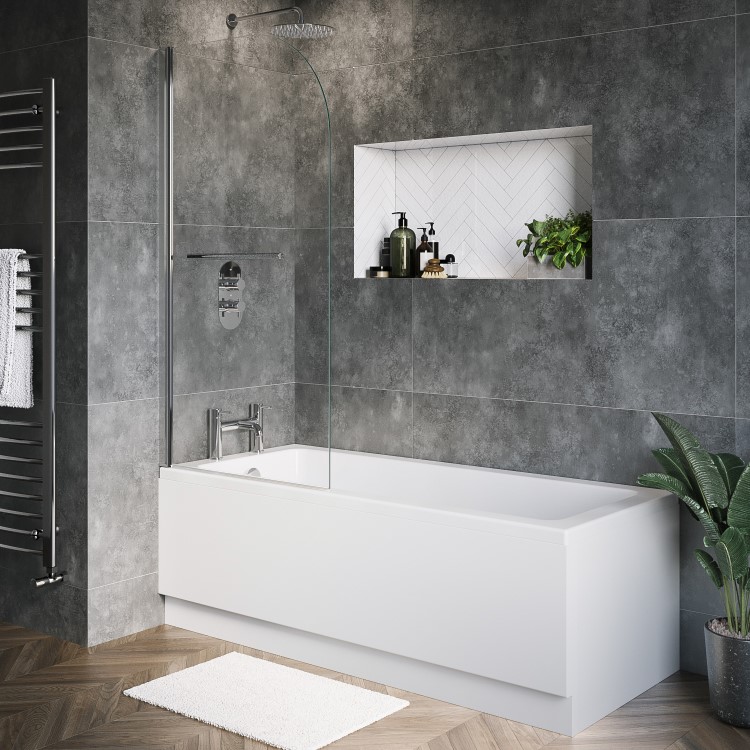 Single Ended Shower Bath with Front Panel & Chrome Bath Screen with Towel Rail 1500 x 700mm - Rutland