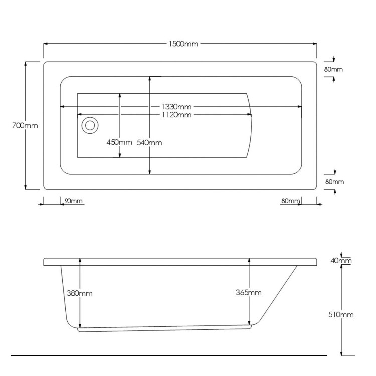 Single Ended Shower Bath with Front Panel & Black Bath Screen with Towel Rail 1500 x 700mm - Rutland