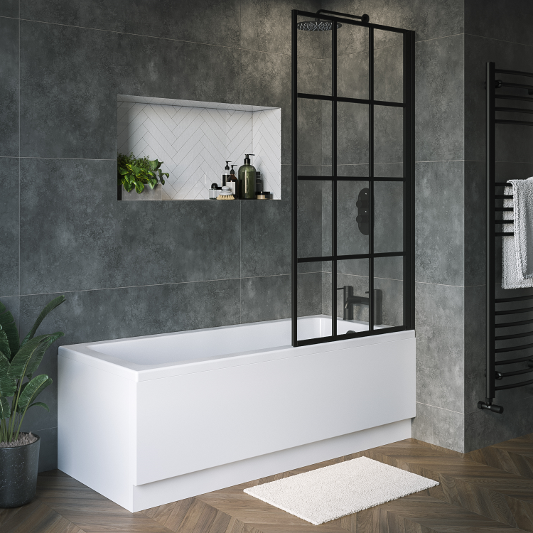 Rutland Single Ended Square Bath with Front Panel & Black Grid Screen - Right Hand 1600 x 700