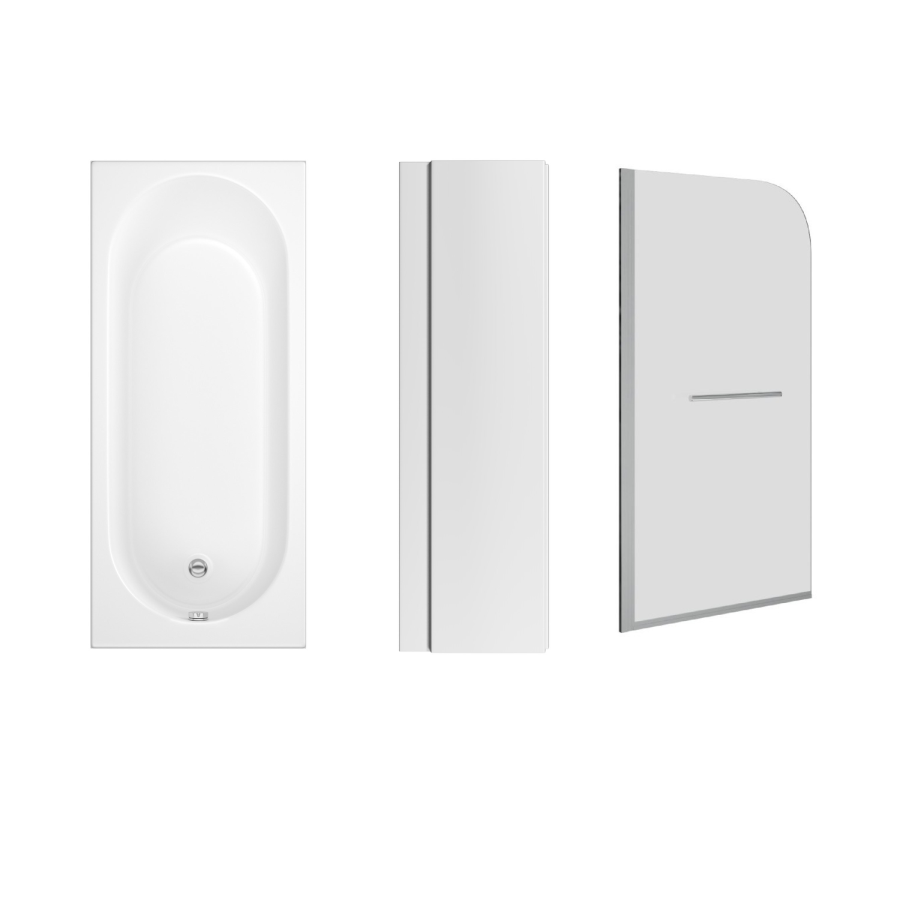 1800 x 800 Rutland Single Ended Round Bath with Hinged 1450mm 6mm Chrome Bath Screen with Towel Rail and Front Panel