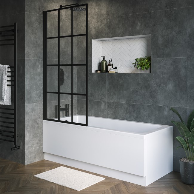 Rutland Single Ended Square Bath with Front Panel & Black Grid Screen - Left Hand 1800 x 800