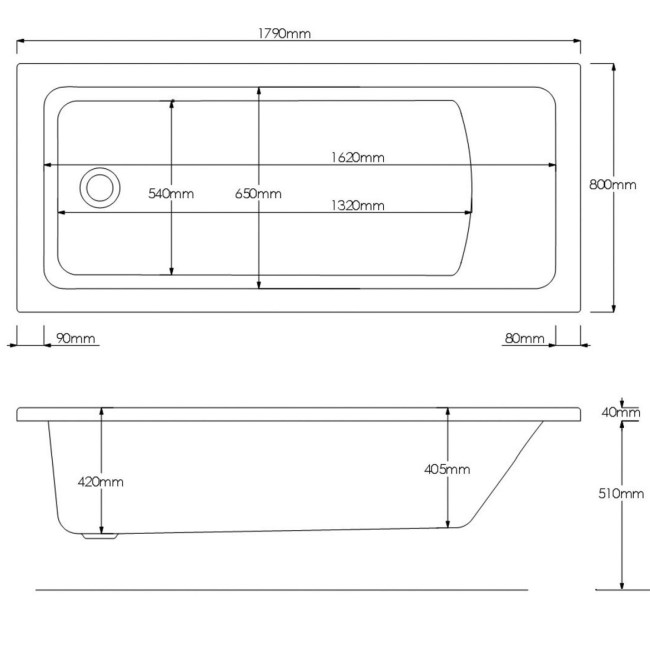 Single Ended Shower Bath with Front Panel & Chrome Bath Screen with Towel Rail 1800 x 800mm - Rutland