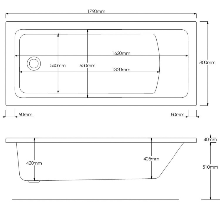 Single Ended Shower Bath with Front Panel & Chrome Bath Screen with Towel Rail 1800 x 800mm - Rutland