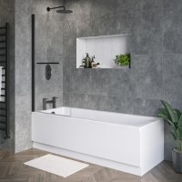 Single Ended Shower Bath with Front Panel & Black Bath Screen with Towel Rail 1800 x 800mm - Rutland
